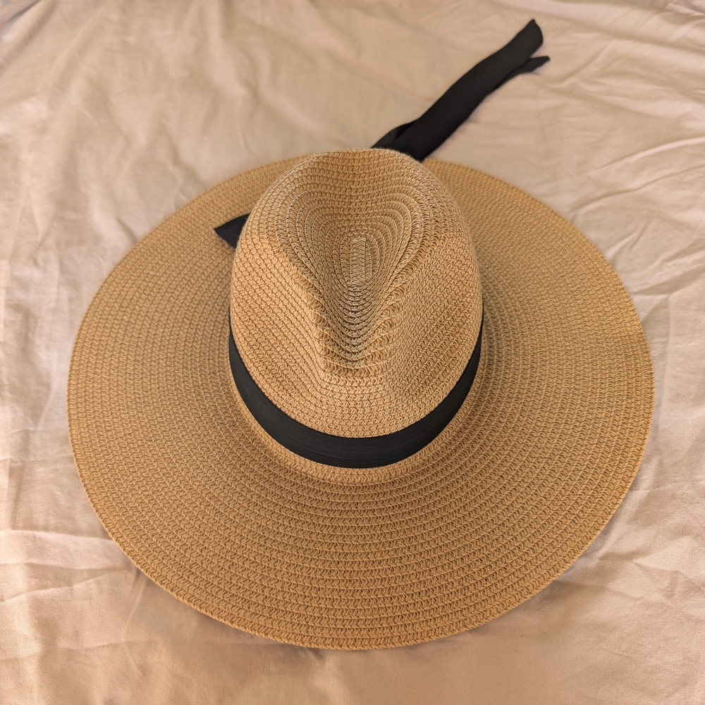 Stylish Tan Wide-Brim Hat with Black Ribbon